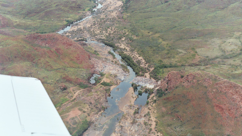 Aerial view from the Piper Cub flying over the Pilbara in Western Australia, over a unit called Marble Bar chert. A sample of the Marble Bar chert is the arrowed sample that is currently flying to Mars as a test target for the SuperCam instrument. 