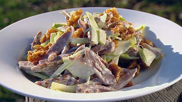 Smoked duck and pear salad with caramelised walnuts