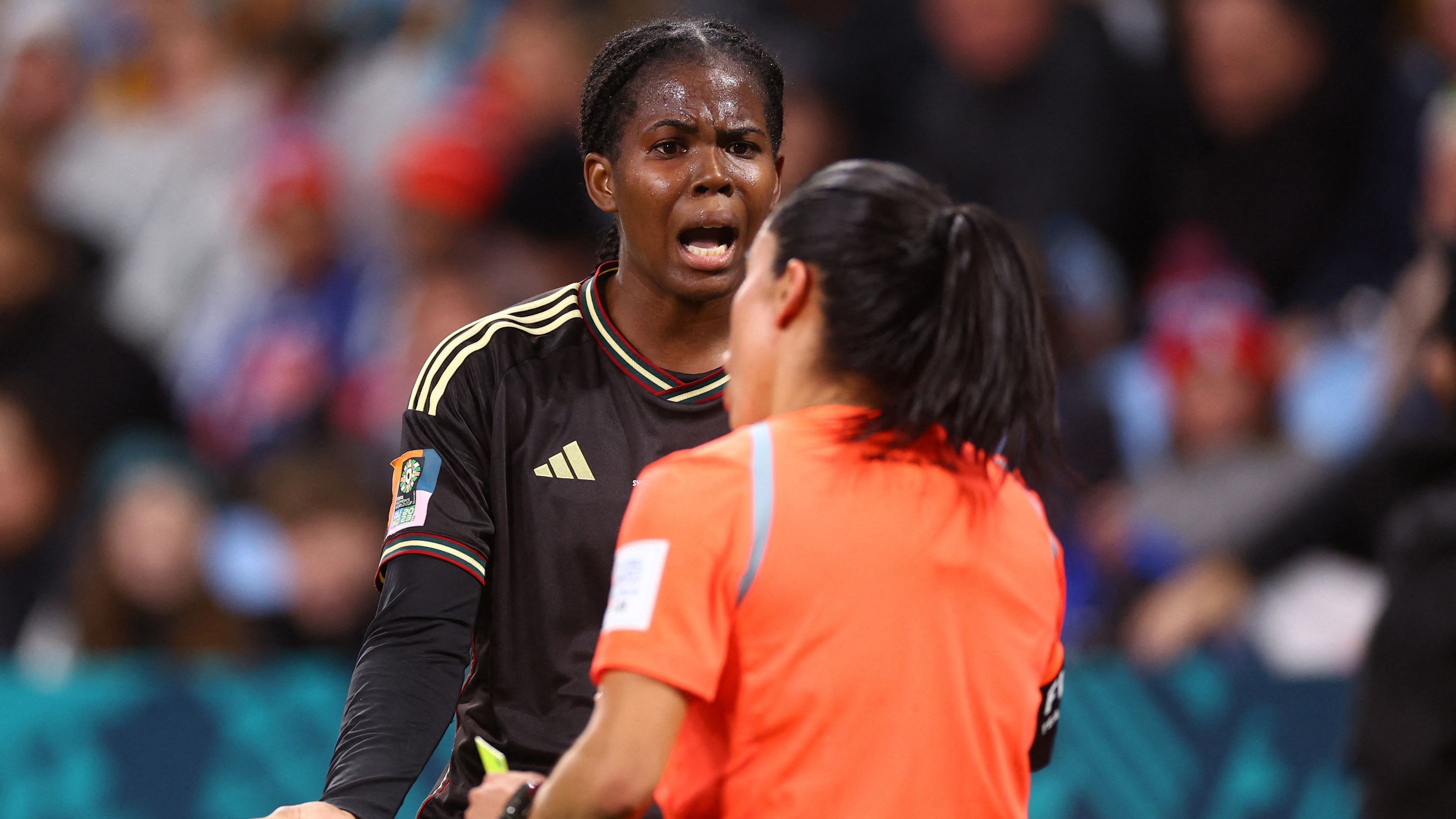Jamaica&#x27;s Khadija Shaw reacts after being shown a red card by referee Maria Carvajal.