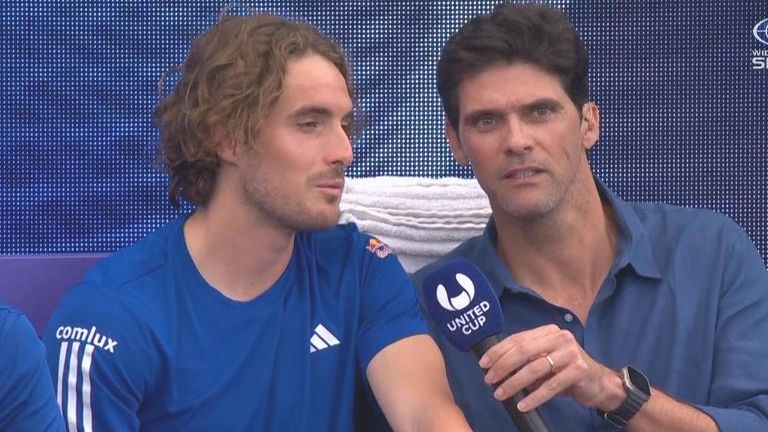 Stefanos Tsitsipas speaks to Mark Philippoussis during Nine&#x27;s United Cup coverage.