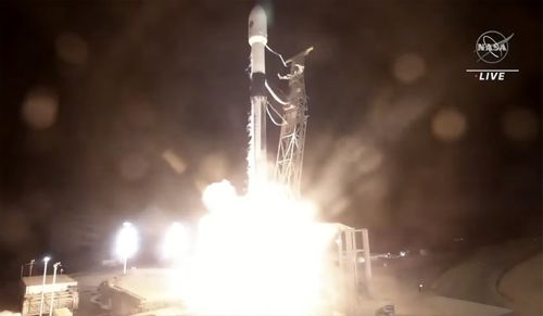 In this image made from video provided by NASA, a SpaceX rocket carrying the Surface Water and Ocean Topography satellite lifts off from Vandenberg Space Force Base in California.