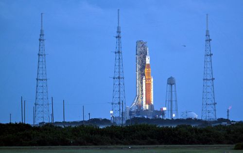 NASA's next-generation moon rocket, the Space Launch System (SLS) with the Orion crew capsule perched on top, stands on launch complex 39B as it is prepared for launch for the Artemis 1 mission at Cape Canaveral, Florida, U.S. September 3, 2022. 