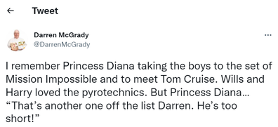 Former royal chef Darren McGrady recalls hilarious quip Princess Diana made about Tom Cruise - why she would never date him.