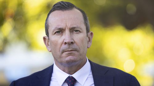 WA Premier Mark McGowan  addresses the media at a doorstop interview after a visit to Bentley Hospital in Perth, WA, on Monday 16 May 2022. fedpol ausvotes22 Photo: Alex Ellinghausen