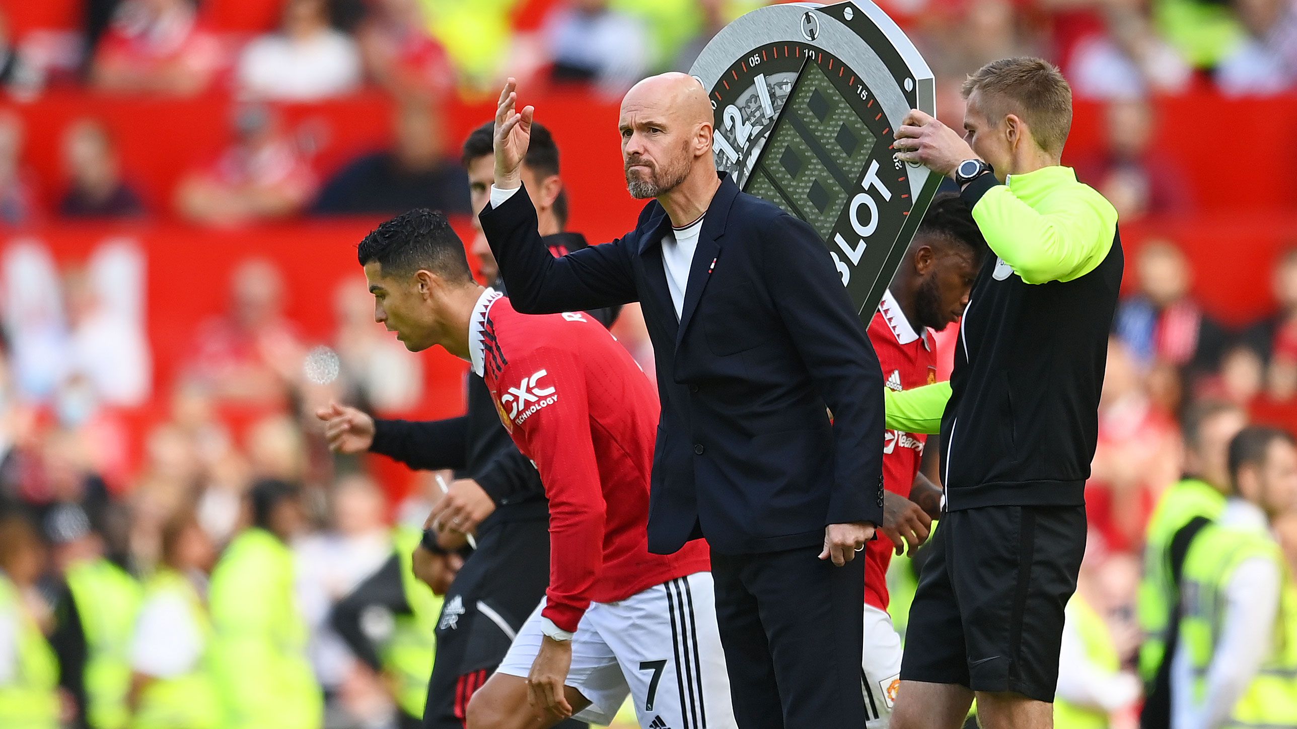 Erik ten Haag, manager of Manchester United reacts as Cristiano Ronaldo of Manchester United is substituted on for Fred. 