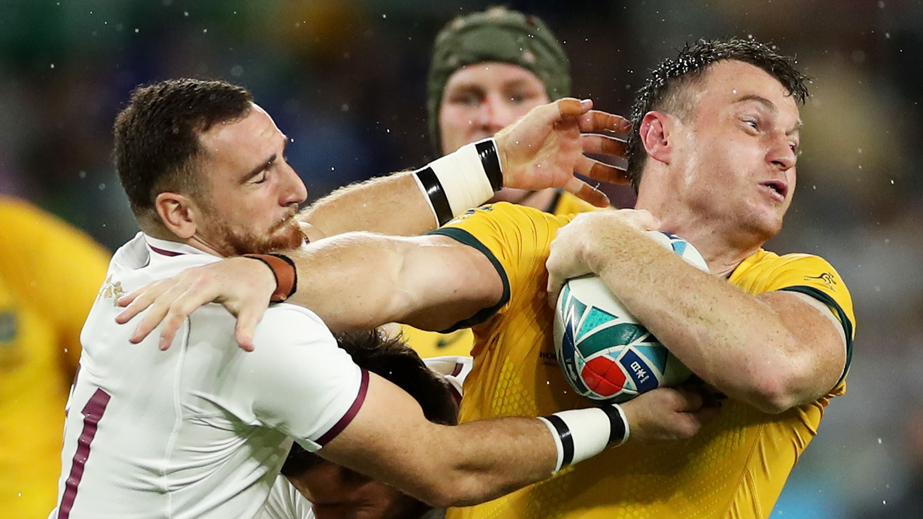 Jack Dempsey of Australia is tackled during the 2019 Rugby World Cup.