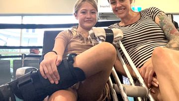 Katie Sanzo, who is 29 weeks pregnant, made a frantic dash to to Queensland after hearing her daughter Holly had been hurt jumping from the Mega Drop.