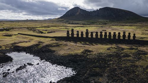 Ahu Tongariki'nin yakınında yer alan moai heykelleri.