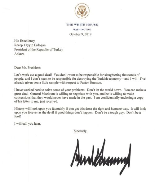The letter Donald Trump wrote to Turkish President Recep Tayyip Erdogan.