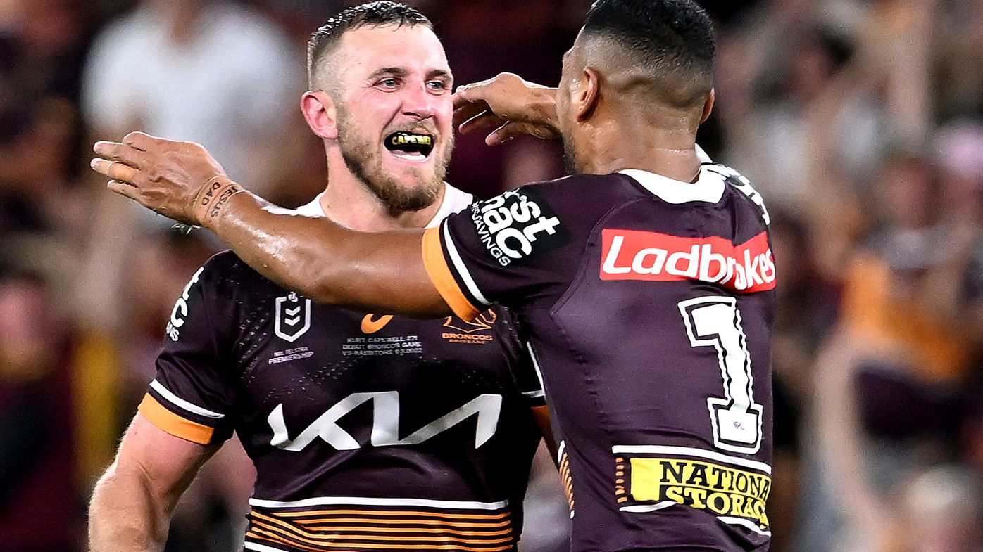 Kurt Capewell of the Broncos celebrates after kicking a field goal during the round one NRL match between the Brisbane Broncos and the South Sydney Rabbitohs.