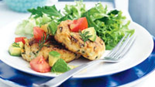 Salmon patties with avocado and dill salsa