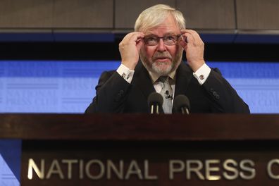 Former Prime Minister Kevin Rudd during his address to the National Press Club of Australia in Canberra on Tuesday 9 March 2021. fedpol Photo: Alex Ellinghausen