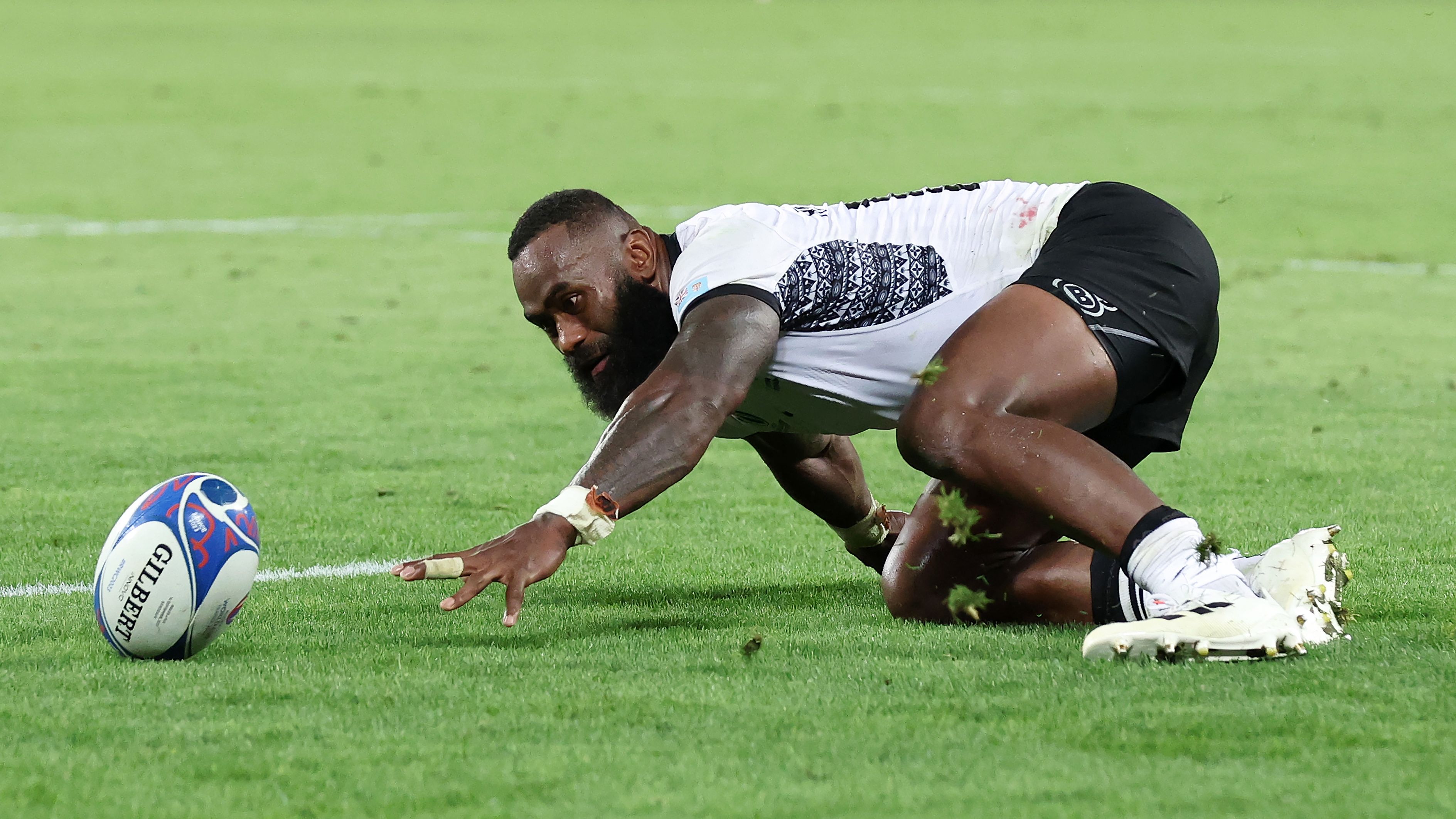 Semi Radradra drops the ball in the final seconds during the Rugby World Cup match between Wales and Fiji at Nouveau Stade de Bordeaux.
