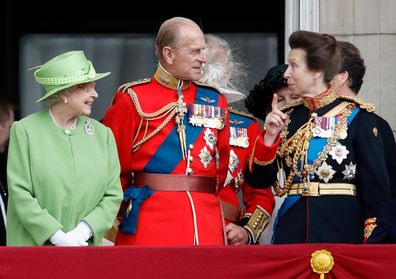 Queen Elizabeth II, Prince Philip, Duke of Edinburgh and Princess Anne, Princess Royal watch a flypast from the balcony of Buckingham Palace during the annual Trooping the Colour Parade on June 16, 2007 in London, England. Trooping the Colour is an annual ceremony, believed to have first been performed during the reign of King Charles II. The parade marks the official birthday