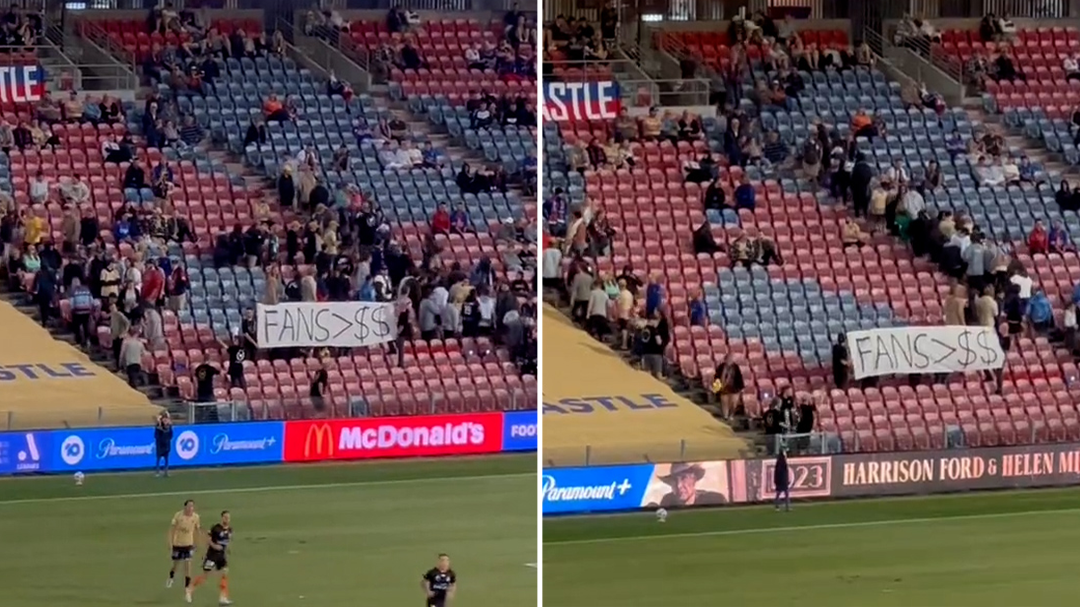 Newcastle Jets fans leave A-League match in protest of Sydney grand final announcement