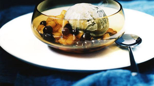 Apple in caramel with licorice and preserved lime ice-cream