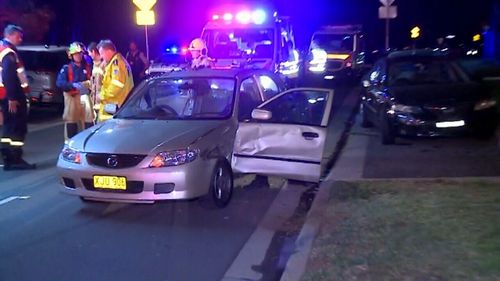 Mazda 323 took the roundabout on the wrong side of the road and slammed into three parked cars. Picture: 9NEWS