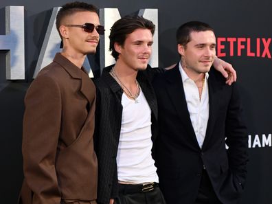 LONDON, ENGLAND - OCTOBER 03: Romeo Beckham, Cruz Beckham and Brooklyn Beckham attend the "Beckham" Premiere at The Curzon Mayfair on October 03, 2023 in London, England. (Photo by Kate Green/Getty Images)