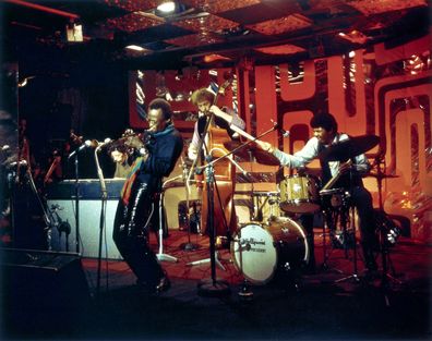 American trumpeter and composer Miles Davis (1926 - 1991) performs on stage with pianist Chick Corea, bassist Dave Holland and drummer Jack Dejohnette for the BBC 'Jazz Scene' television show filmed at Ronnie Scott's Jazz Club in Soho, London on 2nd November 1969. 