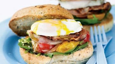 Recipe: <a href="http://kitchen.nine.com.au/2016/05/13/11/49/egg-pancetta-and-chilli-tomato-burgers" target="_top">Egg, pancetta and chilli tomato burgers</a>