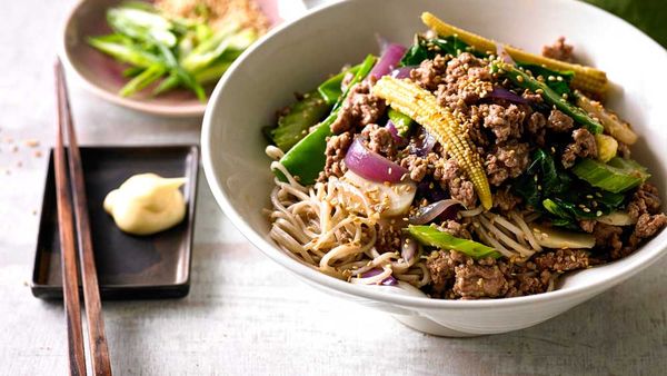 Stir-fried plum lamb with soba noodles