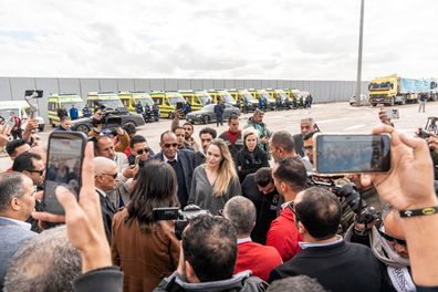 American actress and filmmaker Angelina Jolie inspects the Rafah border crossing between Egypt and the Gaza Strip on January 2 in Rafah, Egypt.**This image is for use with this specific article only**