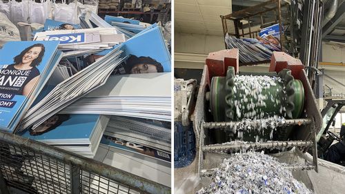 Corflutes from Independent Member for Kooyong Dr Monique Ryan's 2022 election campaign. Corflutes from past elections being recycled at a Corex facility.
