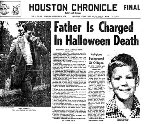 The Houston Chronicle reports on the news that Ronald O'Bryan is charged with the murder of his eight-year-old son Timothy.