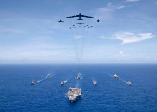 Back on September 17, the US staged an exercise in the Philippine Sea in which aircraft carrier USS Ronald Reagan led a formation of Carrier Strike Group 5 ships as U.S. Air Force B-52 Stratofortress aircraft and U.S. Navy F/A-18 Hornets flew overhead.