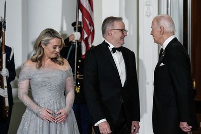 Prime Minister of Australia Anthony Albanese and Jodie Haydon with US President Joe Biden at the White House on October 25, 2023 for a state dinner