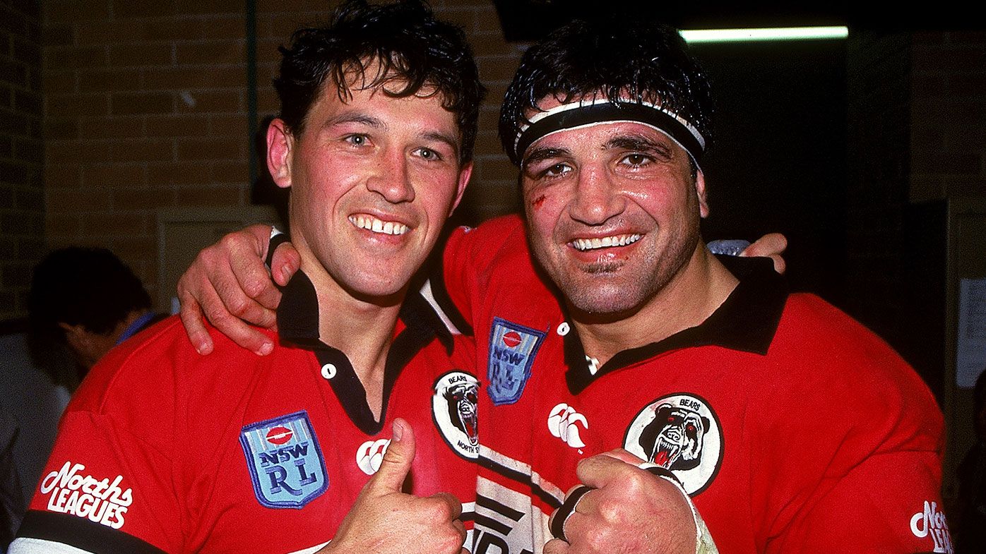  Sean Hoppe and Mario Fenech of the North Sydney Bears celebrates after a NSWRL finals match at the Sydney Football Stadium 1993