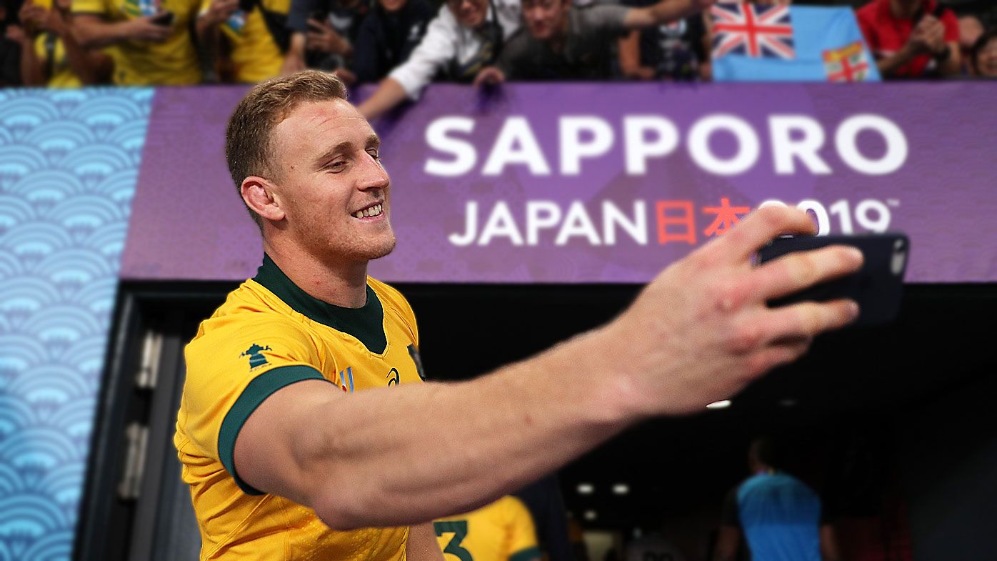 Reece Hodge of Australia takes a selfie after the Rugby World Cup 2019 