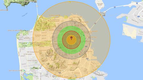 Alcatraz (top centre) and the Golden Gate Bridge (top left) would on the edge of a thermal radiation zone if a bomb were to be dropped on San Francisco. (Nukemap)