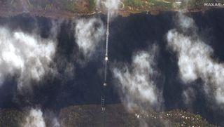 This satellite image released by Maxar Technologies shows the destroyed Antonovskiy railway bridge, in Kherson, Ukraine, on Friday, November 11, 2022.