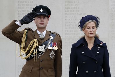 Prince Edward, Earl of Wessex and Sophie, Countess of Wessex attend a service on the Armed Forces Memorial during Armistice Day commemorations at the National Memorial Arboretum on November 11, 2020 in Stafford, England. A small number of visitors were invited to watch in person, however, due to the covid-19 pandemic, the service was also streamed on YouTube and Facebook. (Photo by Darren Staples/Getty Images)
