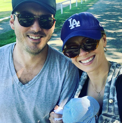 Sylvia Jeffreys and husband Peter Stefanovic on a walk with their son Oscar.