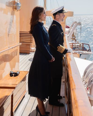 King Frederik and Queen Mary on board the Danish royal yacht Dannebrog for their first sailing tour as King and Queen, May 2024