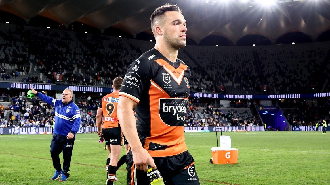 Luke Brooks leaves the field for the Wests Tigers after loss to the Canterbury Bulldogs at Commbank Stadium in 2022 NRL season.