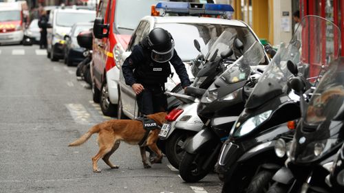 An armed police officer and a sniffer dog search the area. Picture: AP