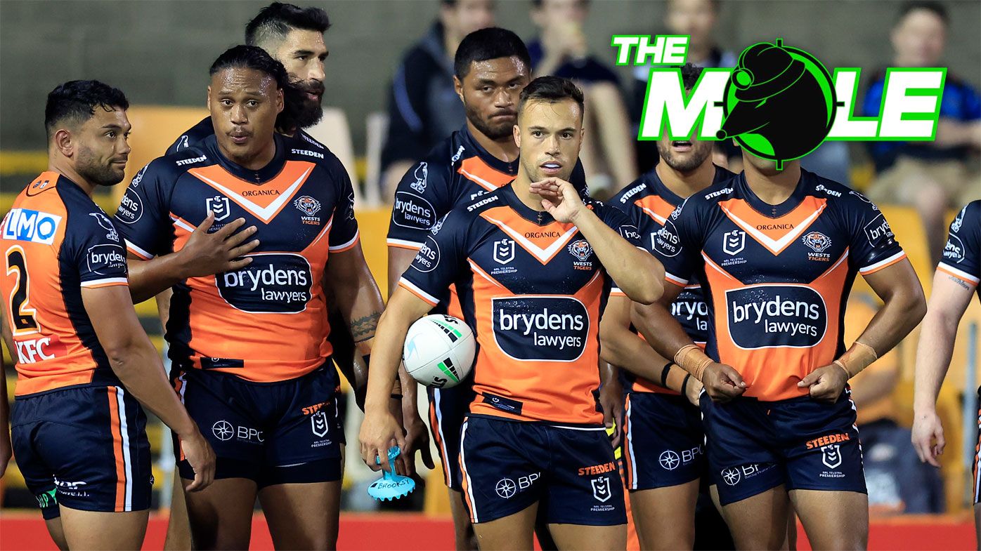 Wests Tigers players react to a Manly try in their first pre-season trial for 2022.