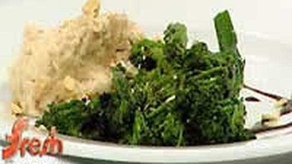 White bean puree with broccolini and hazelnuts