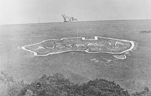 The giant chalk map in the countryside of Wiltshire, southern England, shortly after it was completed by Aussie soldiers in 1917. (Australian War Memorial).