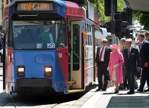 The Queen prepares to board a Melbourne Tram October 26 2011