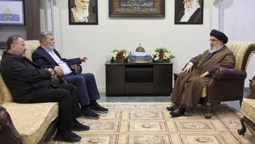 Hezbollah leader Sayyed Hassan Nasrallah, right, meets with Ziad al-Nakhleh, the head of Palestinian Islamic Jihad, center, and Hamas deputy chief, Saleh al-Arouri, in Beirut, Lebanon. Nasrallah met with top Hamas and Palestinian Islamic Jihad officials, their first reported meeting since the Hamas-Israel war erupted earlier this month and clashes began along the Lebanon-Israel border. 