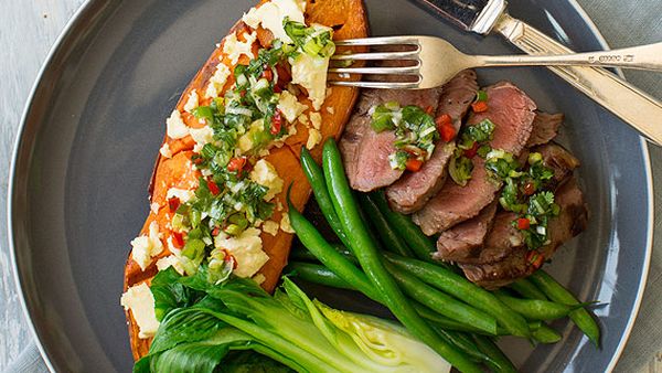 Nadia Lim's chargrilled rump steak with feta-roasted sweet potato