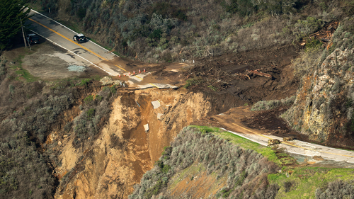 The view of Highway 1 on Friday, after a chunk of the roadway collapsed into the Pacific Ocean.