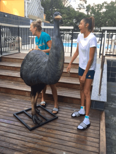 Beach volleyball duo Louise Bawden and Taliqua Clancy crack up after being asked about their ornamental emu, which they've dubbed Bruce.&nbsp;