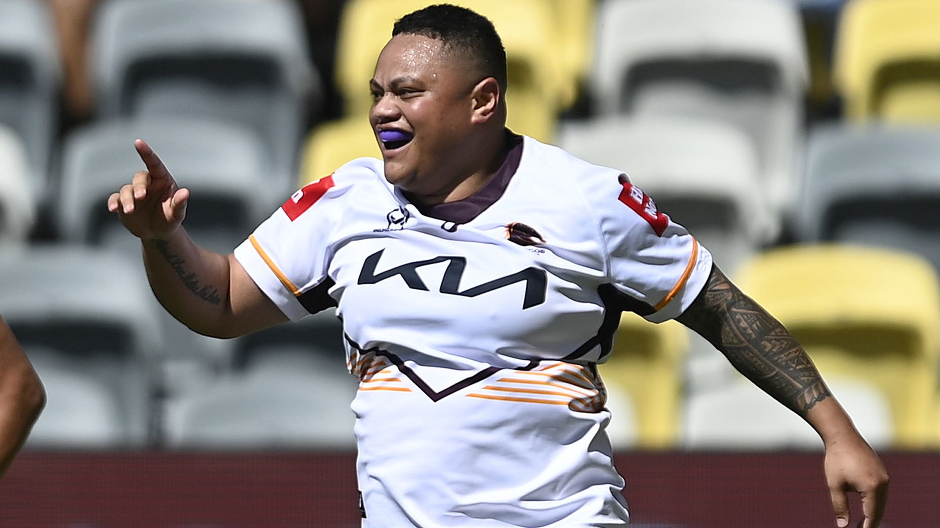 Mele Hufanga of the Broncos celebrates after scoring a try during the round three NRLW match between North Queensland Cowboys and Brisbane Broncos.