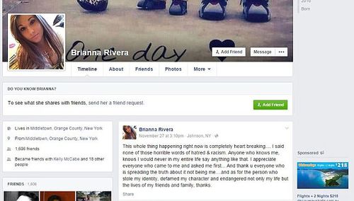 Ms Rivera's real Facebook page and post addressing the vile messages. (Supplied)