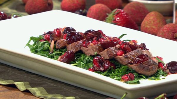 Smoked duck breast with cherry and pomegranate salsa